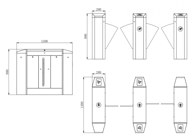 Technical dimension drawing of the Auto Flap Barrier Turnstile showing 1200 × 280 × 980 mm measurements